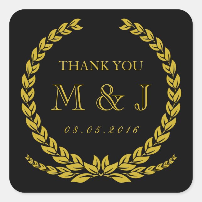 Black and Gold Laurel Wreath Wedding Sticker (Front)
