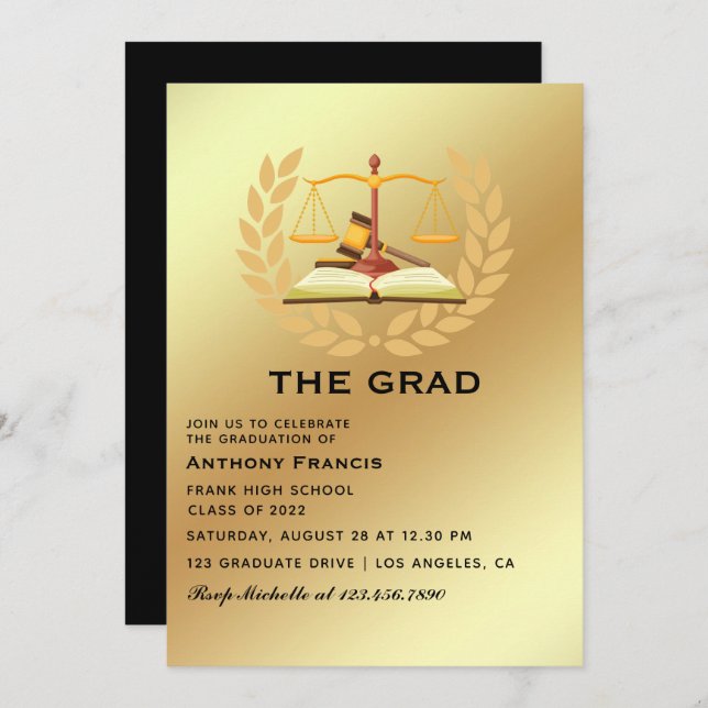 Black and Gold Lawyer Graduation Party Invitation (Front/Back)