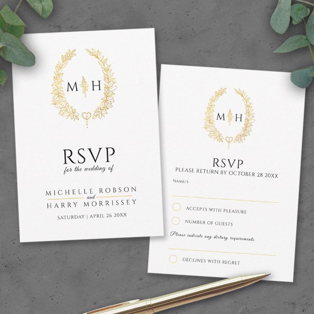 Black and gold leaf oval wreath RSVP wedding Card (Creator Uploaded)