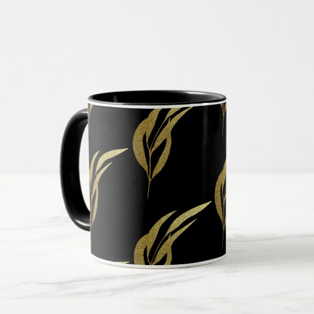 Black and Gold Leaf Pattern Coffee Mug (Front Left)