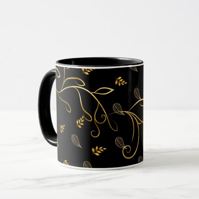 Black and Gold Leaf Print Mug (Front Left)