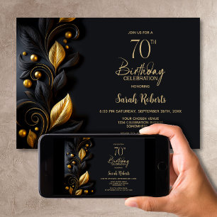 Black and Gold Leaves 70th Birthday Party Invitation