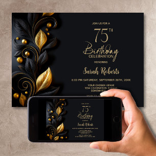 Black and Gold Leaves 75th Birthday Party Invitation