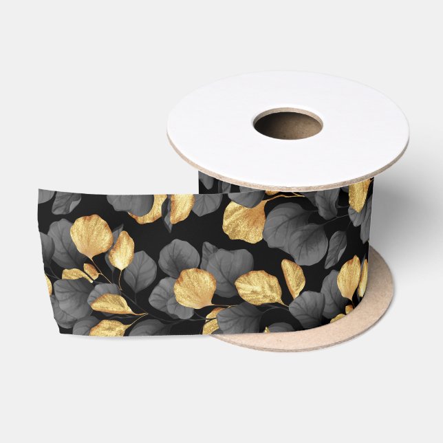 Black and gold leaves. Pattern Satin Ribbon (Spool)