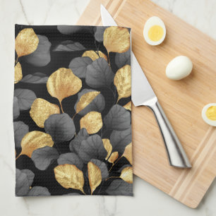 Black and gold leaves. Pattern Tea Towel