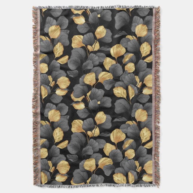 Black and gold leaves. Pattern Throw Blanket (Front Vertical)