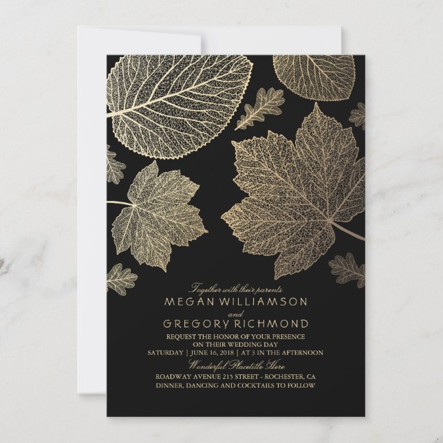 Black and Gold Leaves Vintage Fall Wedding Invitation (Front)