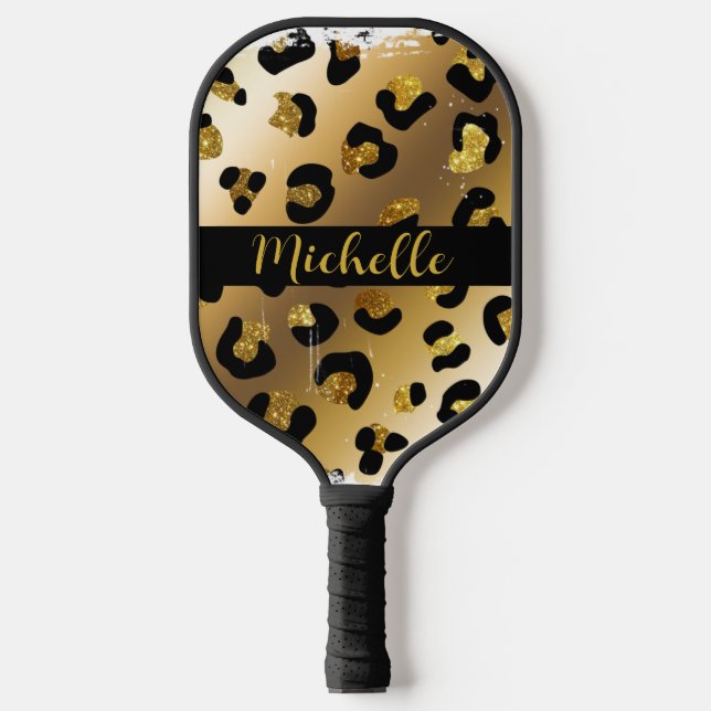 Black and Gold Leopard Animal Print Monogram  Pickleball Paddle (Front)