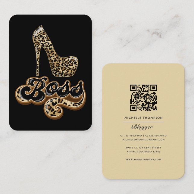 Black and Gold Leopard Boss Lady QR Code Business Card (Front/Back)