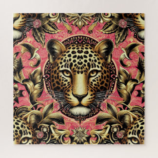 Black and Gold Leopard Pink Background Jigsaw Puzzle
