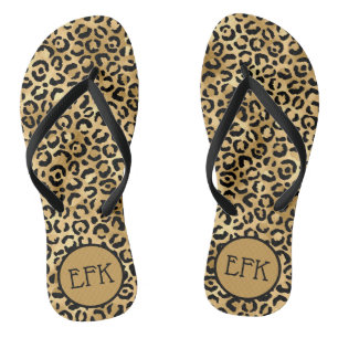 Black and Gold Leopard Print Animal Print Monogram Thongs