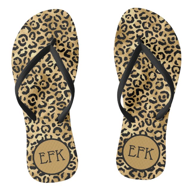 Black and Gold Leopard Print Animal Print Monogram Thongs (Footbed)