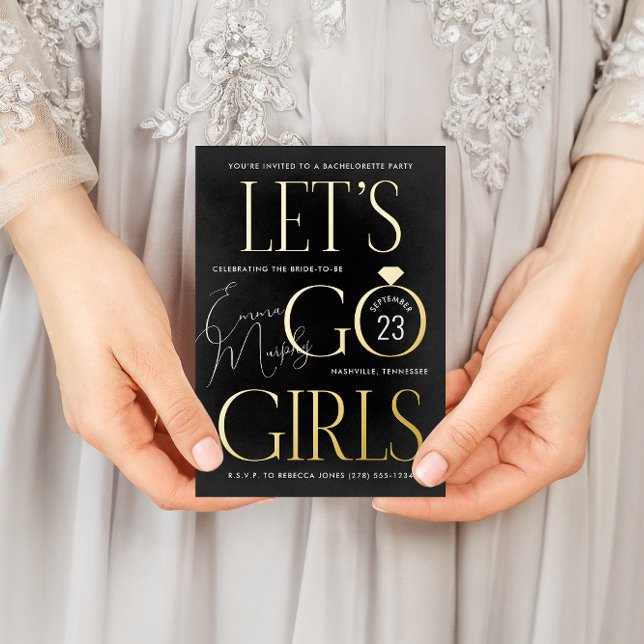Black and Gold Lets Go Girls Bachelorette Party Foil Invitation Postcard (Creator Uploaded)