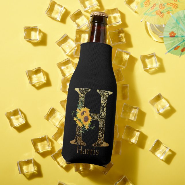 Black and Gold Letter H Sunflowers  Bottle Cooler (In Situ Summer)