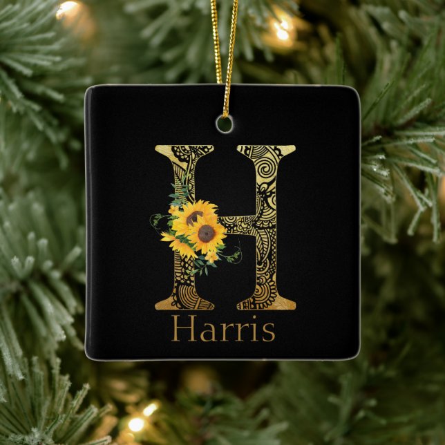 Black and Gold Letter H Sunflowers  Ceramic Ornament (Tree)