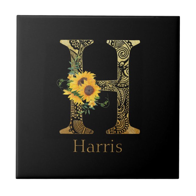 Black and Gold Letter H Sunflowers  Ceramic Tile (Front)