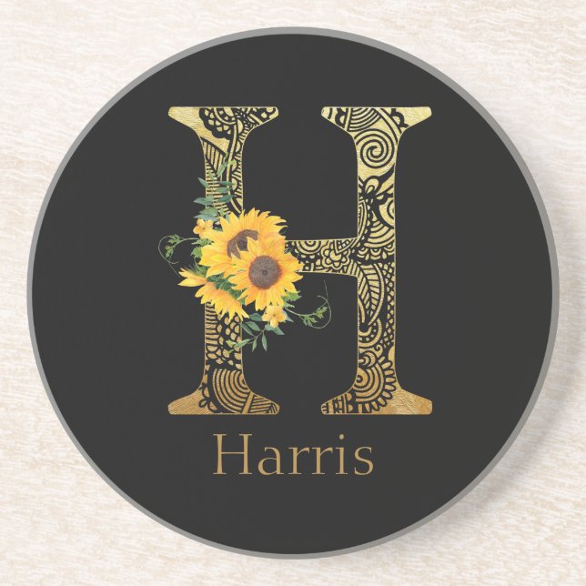 Black and Gold Letter H Sunflowers  Coaster (Front)