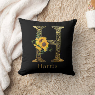 Black and Gold Letter H Sunflowers Cushion