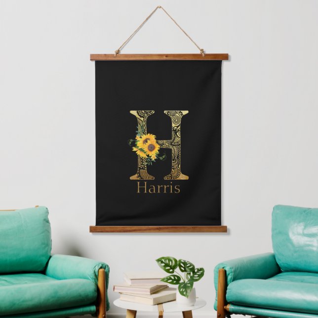 Black and Gold Letter H Sunflowers  Hanging Tapestry (Living Room)