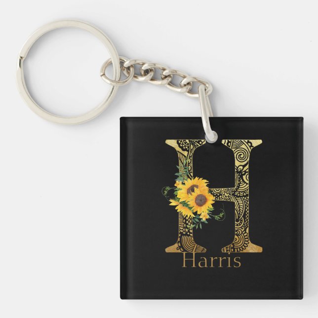 Black and Gold Letter H Sunflowers  Key Ring (Front)