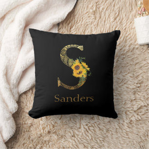 Black and Gold Letter S Sunflowers  Cushion