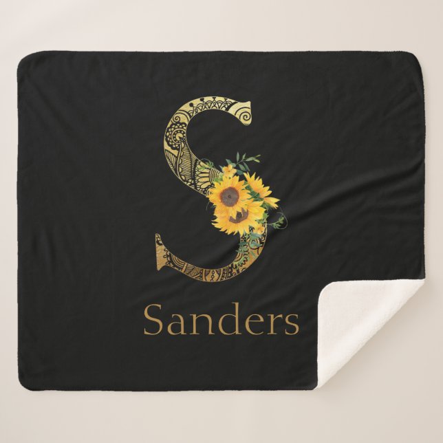 Black and Gold Letter S Sunflowers  Sherpa Blanket (Front (Horizontal))