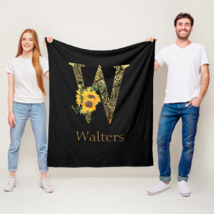 Black and Gold Letter W Sunflowers  Fleece Blanket