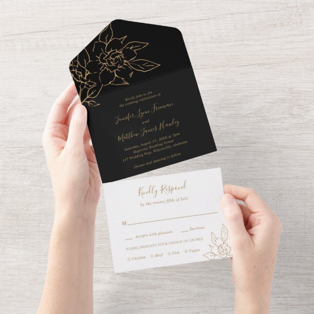 Black and Gold LIne Art Floral Elegant Wedding All In One Invitation (Tearaway)