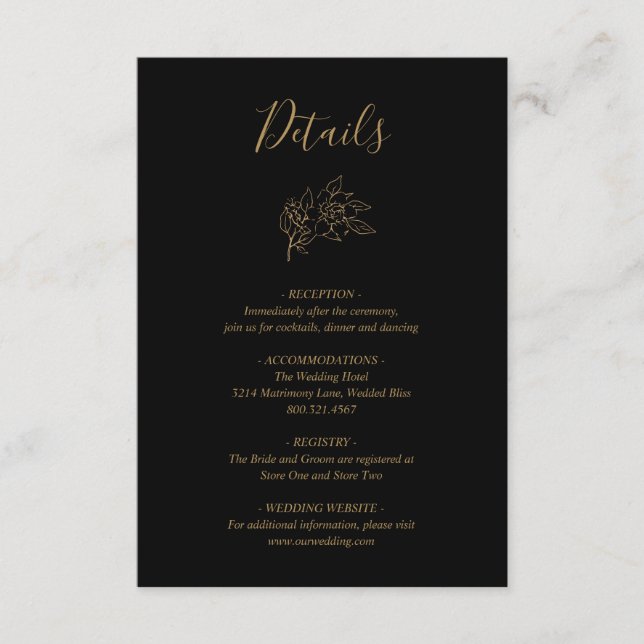 Black and Gold LIne Art Floral Elegant Wedding Enclosure Card (Front)