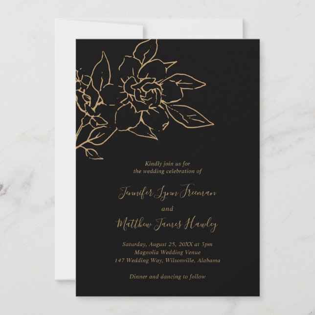 Black and Gold LIne Art Floral Elegant Wedding Invitation (Front)