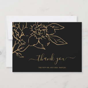 Black and Gold LIne Art Floral Elegant Wedding Thank You Card