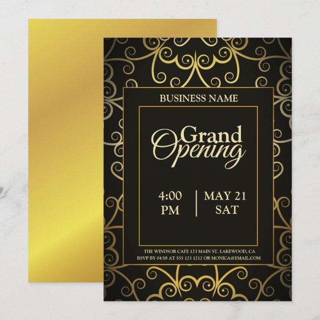 Black and Gold Logo Grand Opening Invitation (Front/Back)
