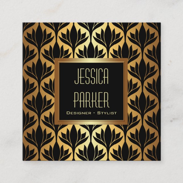 Black and Gold Lotus Flowers Square Business Card (Front)