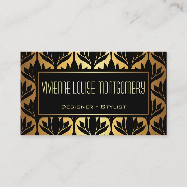 Black and Gold Lotus Pattern Modern Business Card (Front)