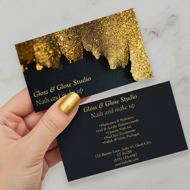 Black and Gold Luxurious Glitter nail beauty salon Business Card (Black and Gold Luxurious Glitter nail beauty salon Business Card.)