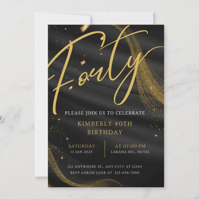 Black and Gold Luxury Elegant 40th Birthday Party  Invitation (Front)