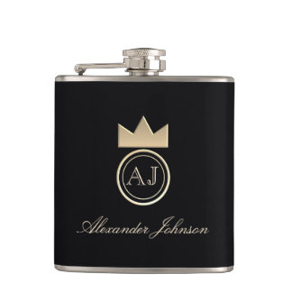 Black and Gold Luxury Elegant Simple Monogrammed Hip Flask