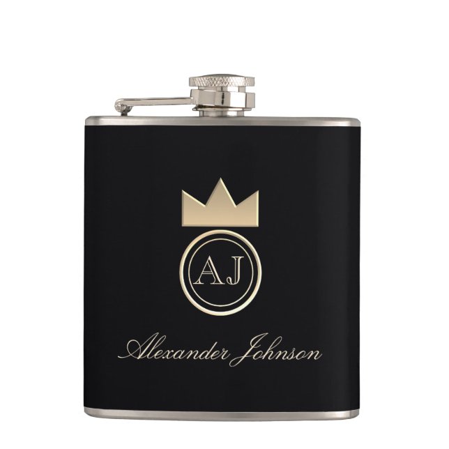 Black and Gold Luxury Elegant Simple Monogrammed Hip Flask (Front)