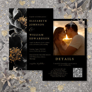 Black And Gold Luxury Floral Photo QR Code Wedding Invitation
