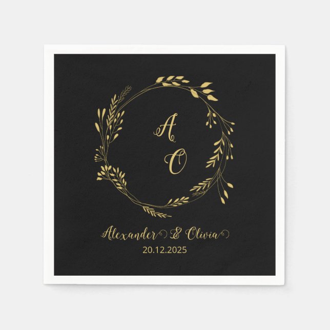 Black And Gold Luxury Floral Wedding Napkins (Front)