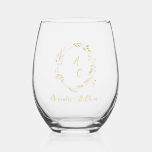Black And Gold Luxury Floral Wedding Stemless Wine Glass