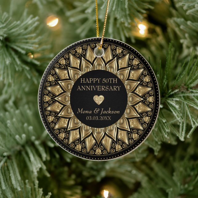 Black And Gold Mandala And Heart Ceramic Ornament (Tree)