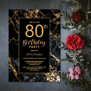 Black and Gold Marble 80th Birthday Party Invitation