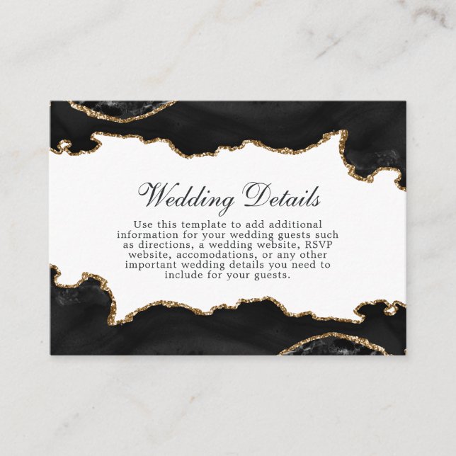 Black And Gold Marble Agate Wedding Details Enclosure Card (Front)