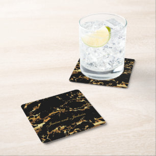 Black and Gold Marble Design Square Paper Coaster