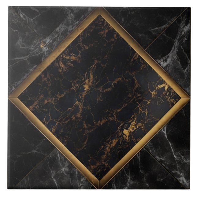 Black and Gold Marble Diamond Frame Ceramic Tile (Front)