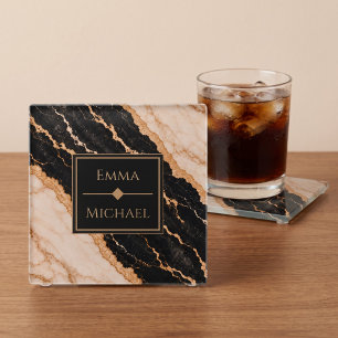 Black and Gold Marble Luxury Couple Glass Coaster