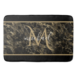 Black and Gold Marble Monogram Elegant Luxury Bath Mat