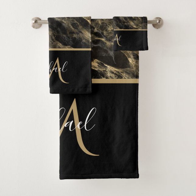 Black and Gold Marble Monogram Elegant Luxury Bath Towel Set (Insitu)