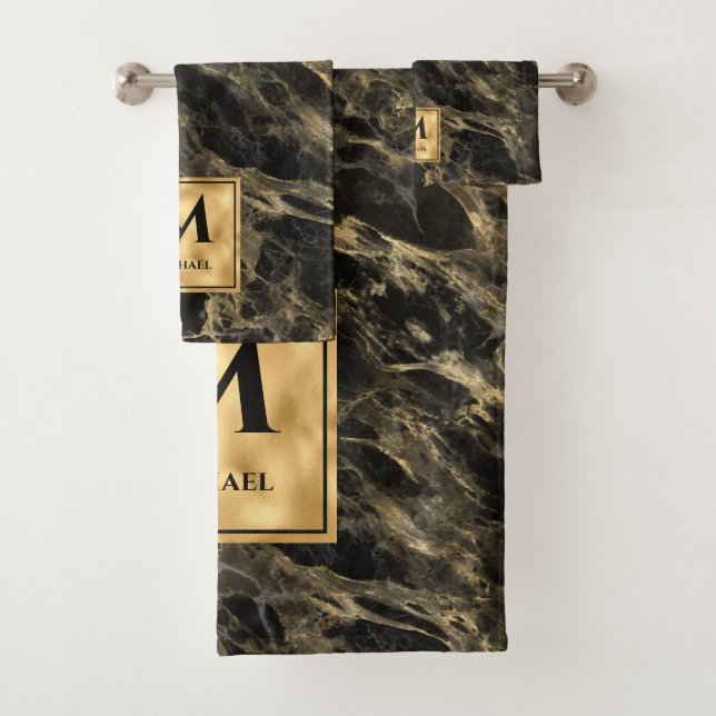 Black and Gold Marble Monogram Elegant Luxury Bath Towel Set (Insitu)